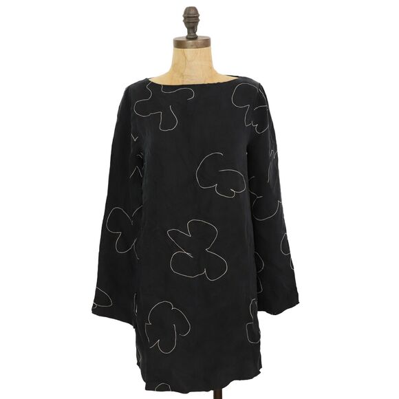 MADEWELL Shift Mini Dress XS True Black Printed Cupro Long Sleeve NWT B10 - Picture 2 of 6